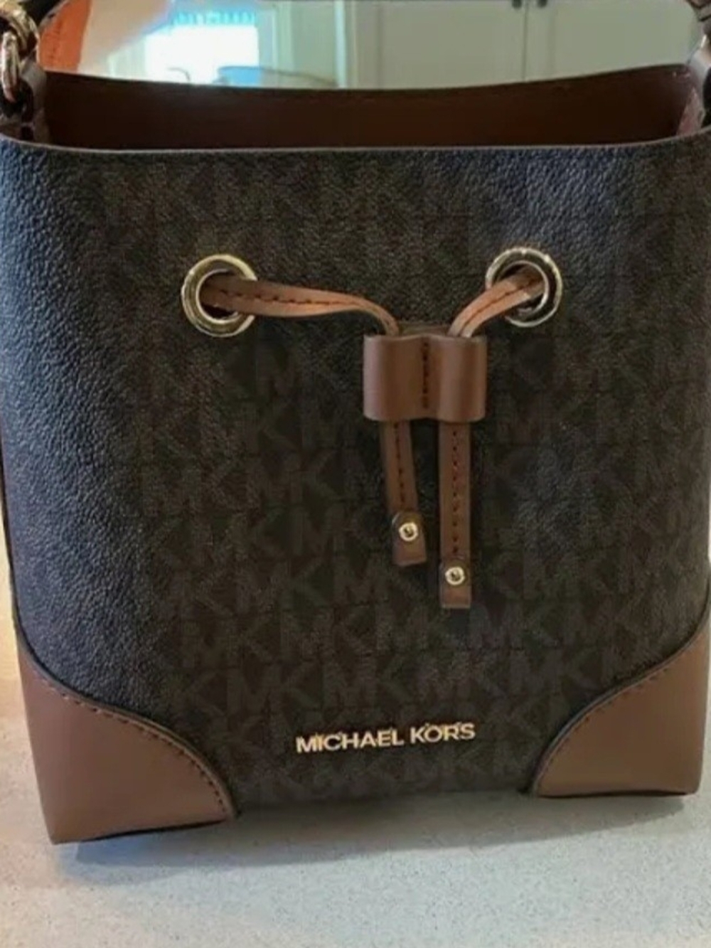 Michael Kors Dark Brown Logo Drawstring Bucket Bag Mini